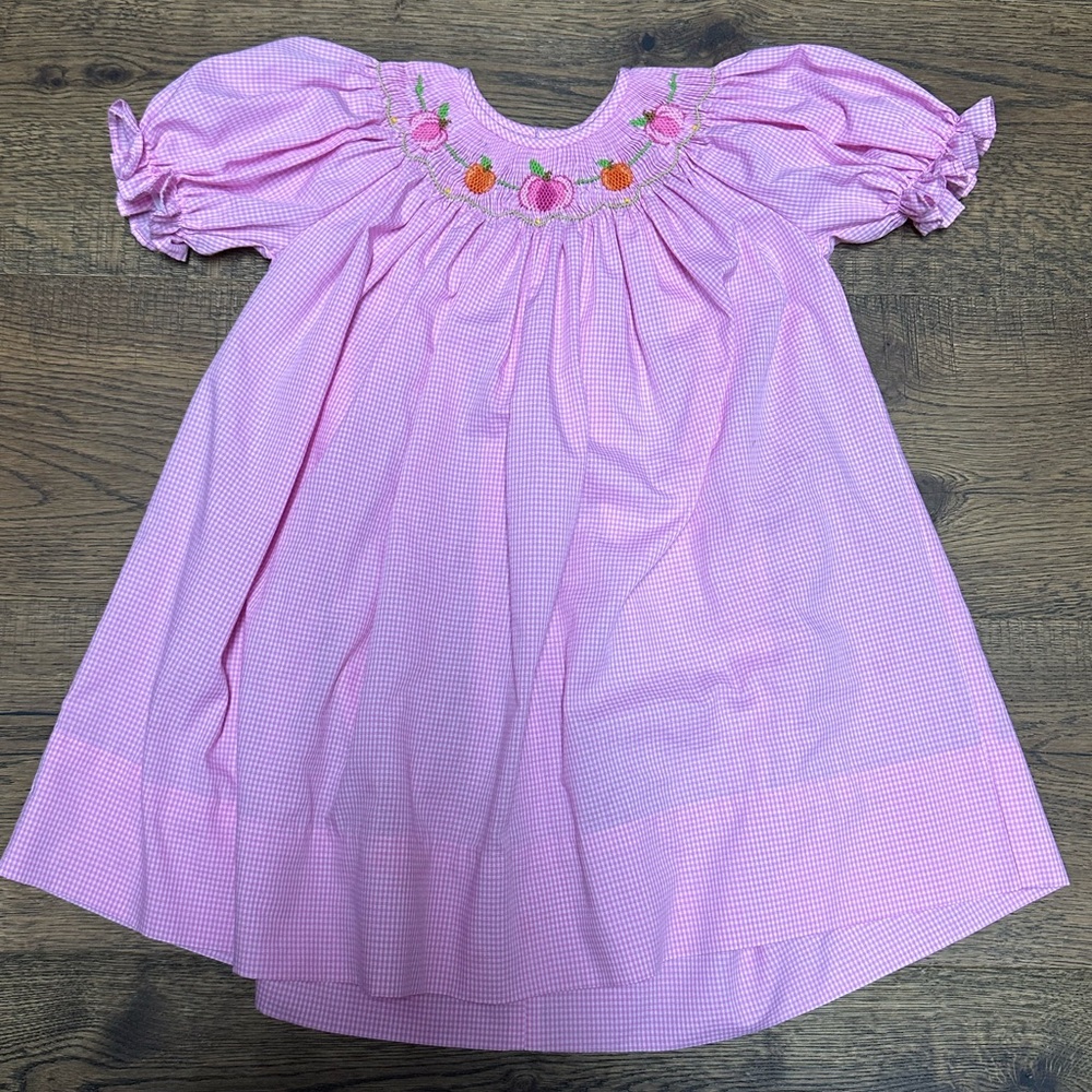 Beautiful Smocked Pink Gingham Dress with Pink & Orange Pumpkins.